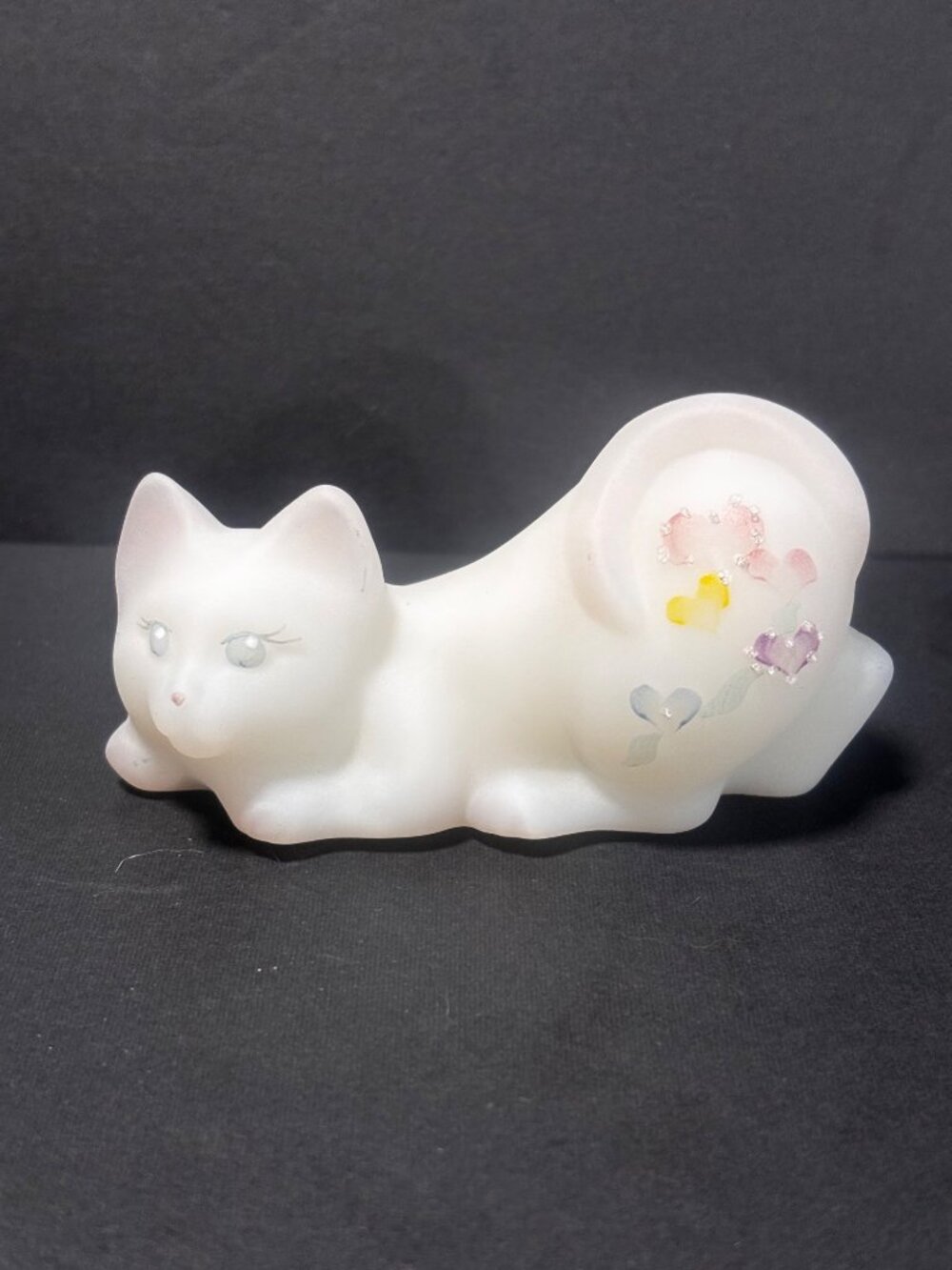 Fenton Hand-Painted Satin Glass Pouncing Cat Figurine With Floral Accents VTG90s